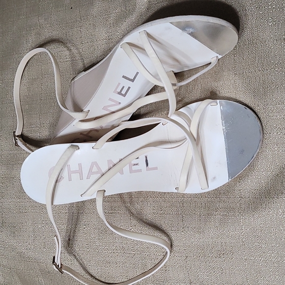 CHANEL Shoes - CHANEL cream tan wedge sandals size 8